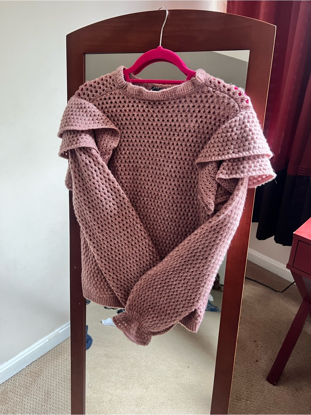 Ruffle Sleeve Crew Neck Sweater in Dusty Pink